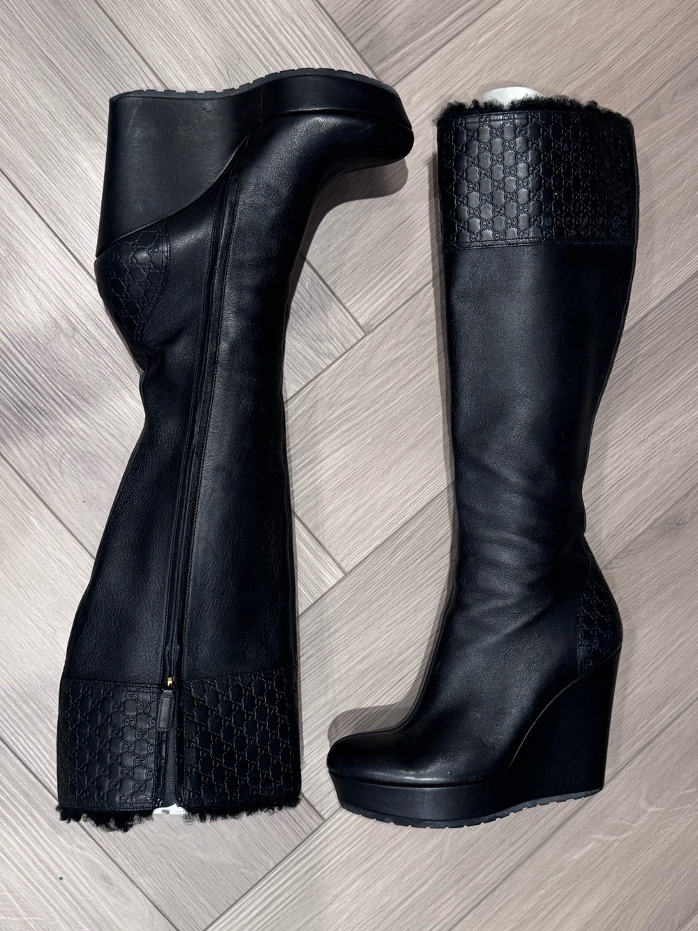 Gucci Black Wedge Knee-High Leather Boots with Shearling Trim